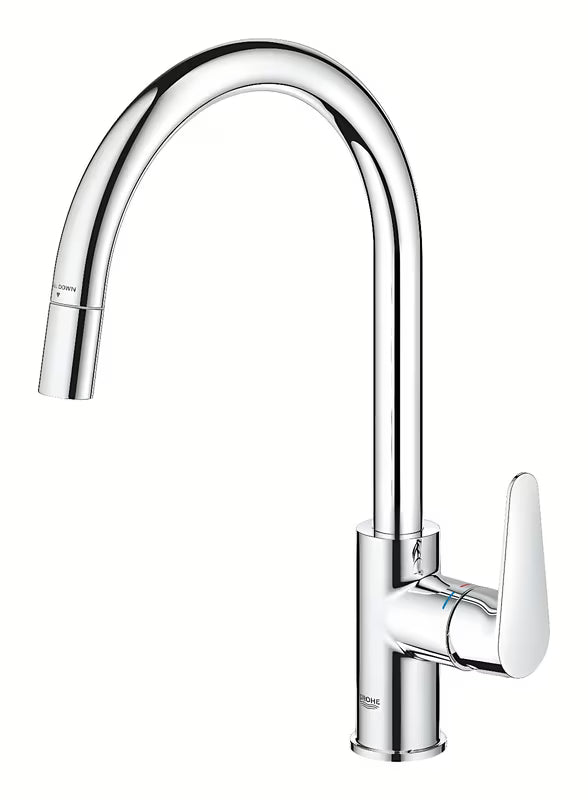 Chromová dřezová baterie Grohe Start Curve s vysokou otočnou výpustí a výsuvnou sprchou