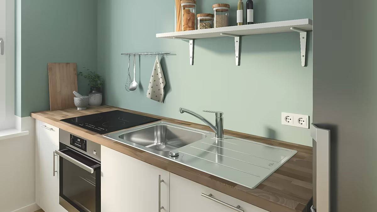 Chromová páková dřezová baterie Grohe Start Eco s nízkou otočnou výpustí