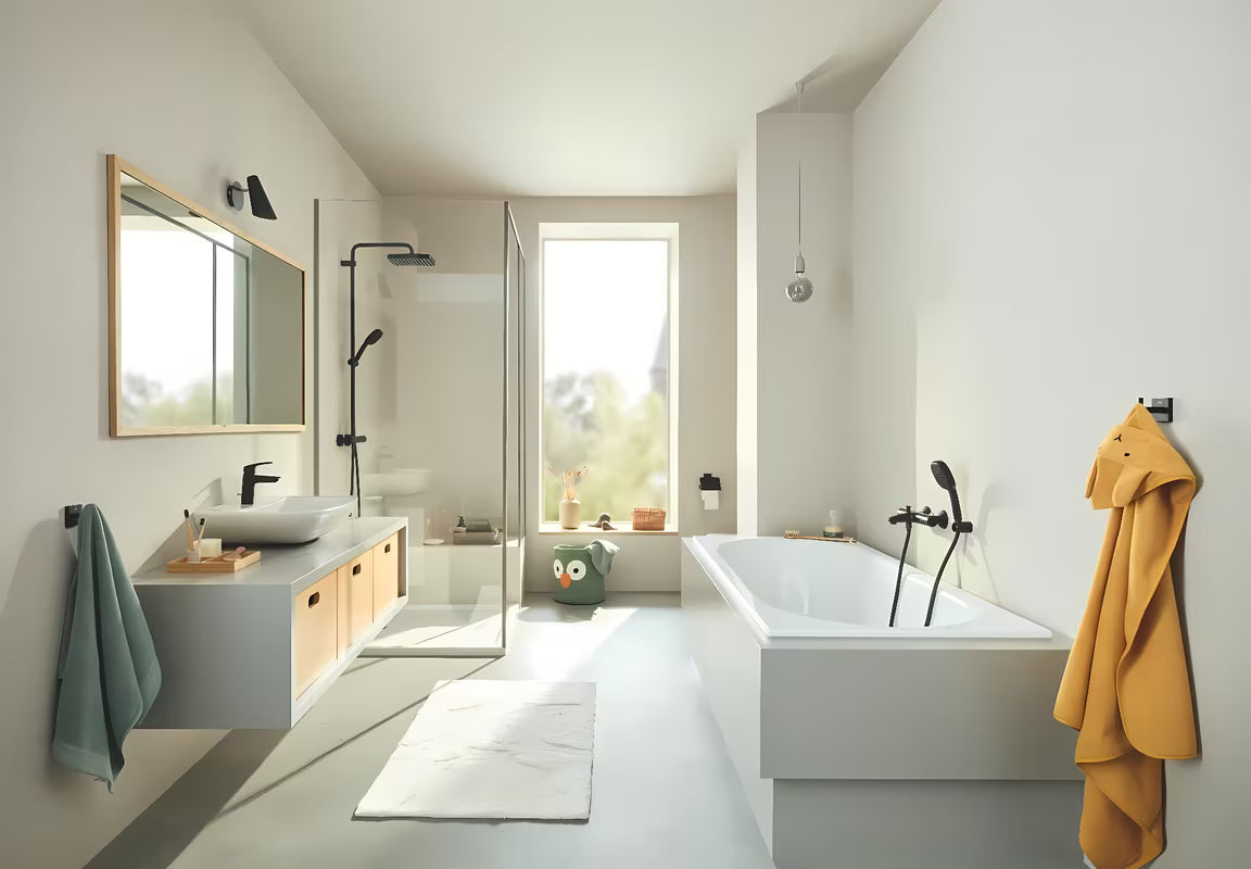 Matně černý sprchový systém Grohe Tempesta System Cube s termostatickou baterií, hlavovou a ruční sprchou