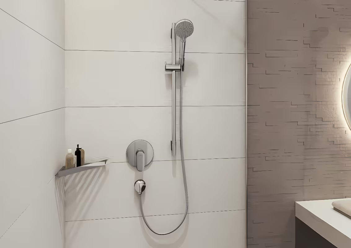 Chromová rohová polička hansgrohe AddStoris z nerezi pro montáž na zeď do sprchy
