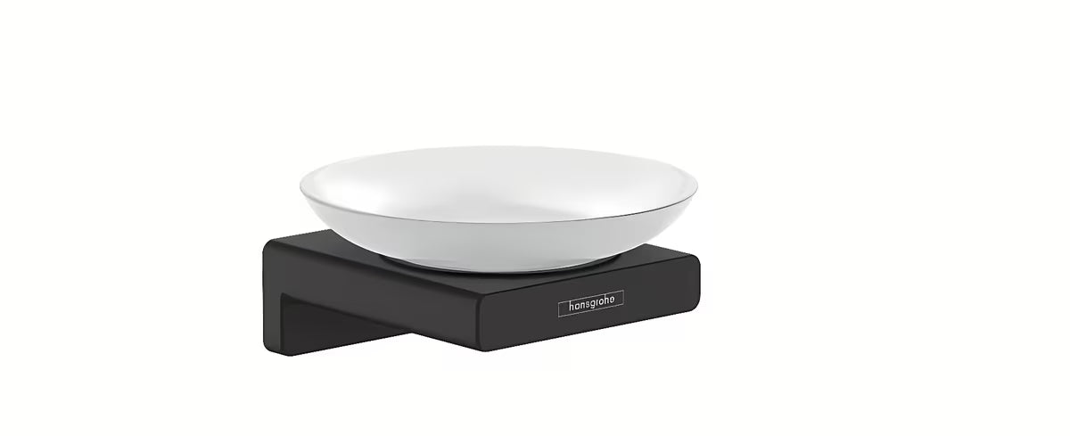 Skleněná mýdlenka Hansgrohe AddStoris s nástěnným držákem v matné černé barvě