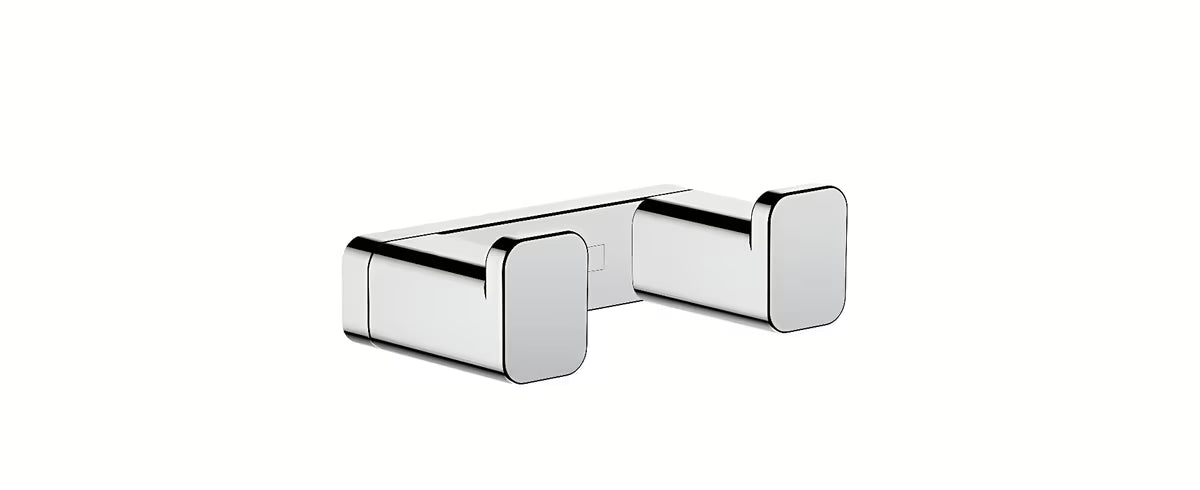 Chromovaný dvojháček hansgrohe AddStoris pro zavěšení ručníků nebo županu na stěnu.