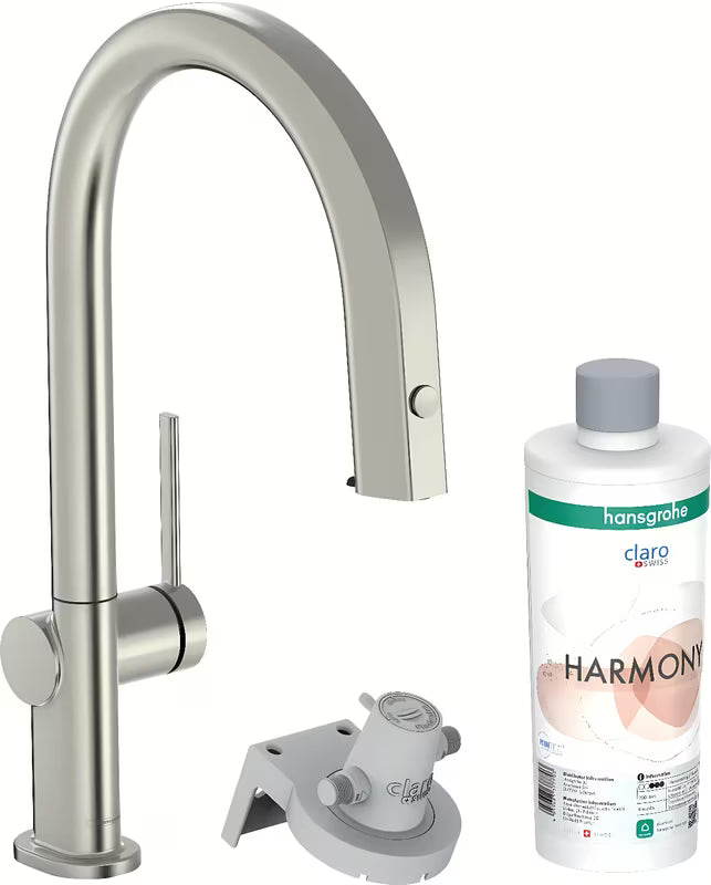 Dřezová kuchyňská baterie Hansgrohe Aqittura ve vzhledu nerezu s filtrem, vytahovacím výtokem a sBoxem