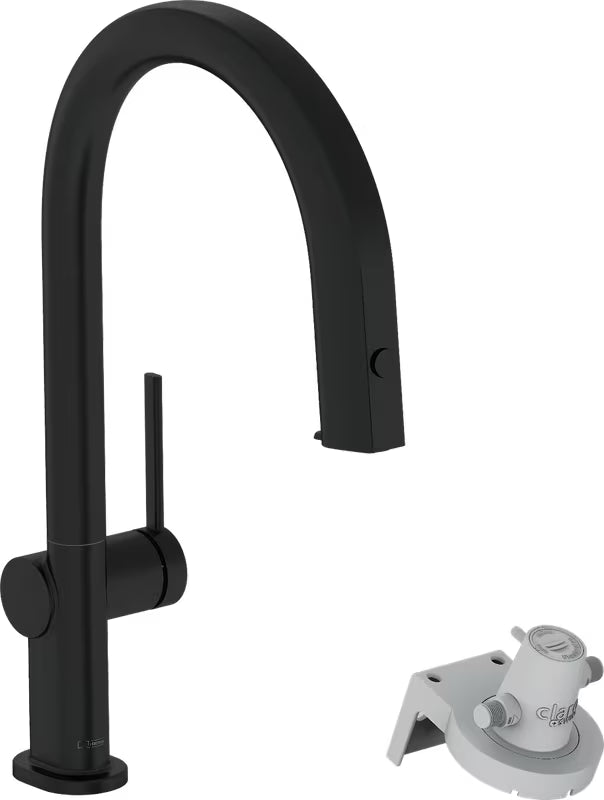 Matně černá dřezová baterie Hansgrohe Aqittura s vytahovacím výtokem a tlačítkem pro filtrovanou vodu.