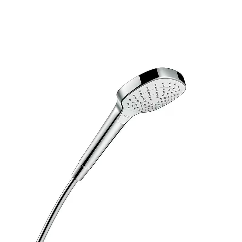 Ruční sprcha Hansgrohe Croma Select E Vario v provedení bílá chrom s tlačítkem Select a průměrem 110 mm.