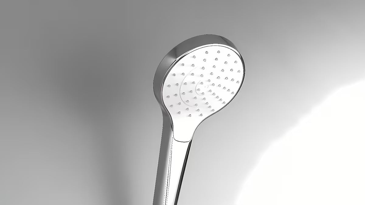 Ruční sprcha Hansgrohe Croma Select S v bílé a chromové barvě s proudem Rain a průměrem 110 mm.