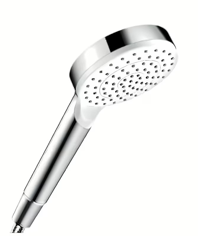 Ruční sprcha hansgrohe Crometta 1jet Green v provedení bílá a chrom s proudem Rain a průměrem 100 mm.