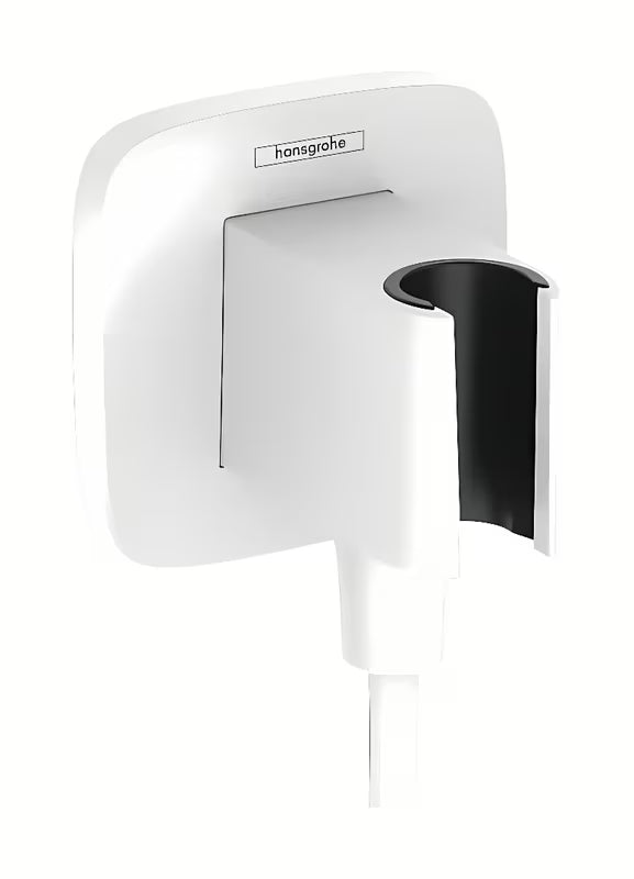 Matně bílý podomítkový vývod hansgrohe FixFit Q s držákem sprchové hlavice a zpětným ventilem.