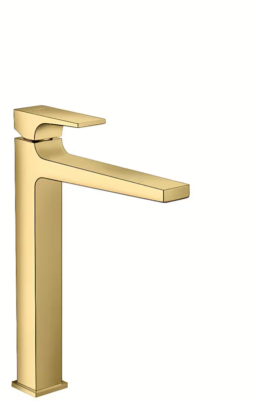 Vysoká umyvadlová baterie Hansgrohe Metropol ve vzhledu leštěného zlata s pákou a odtokem push-open.
