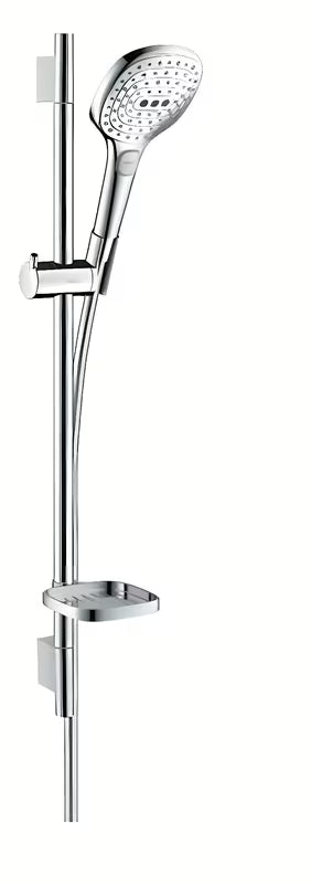 Hansgrohe Raindance Select E sprchový set v chromovém provedení s ruční sprchou, tyčí, hadicí a mýdlenkou.