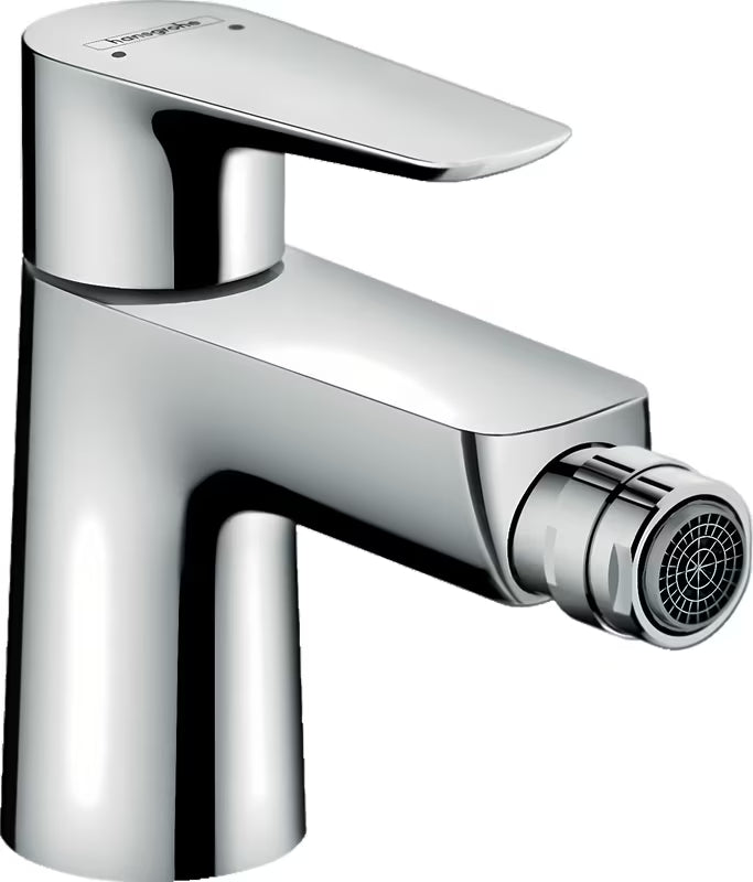 Chromová páková bidetová baterie Hansgrohe Talis E s odtokovou soupravou a pohyblivým perlátorem.