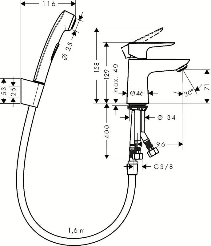 Kromirana jednoručna baterija miješalica za umivaonik Hansgrohe Talis E s bide tušem i odvodom Push-Open.