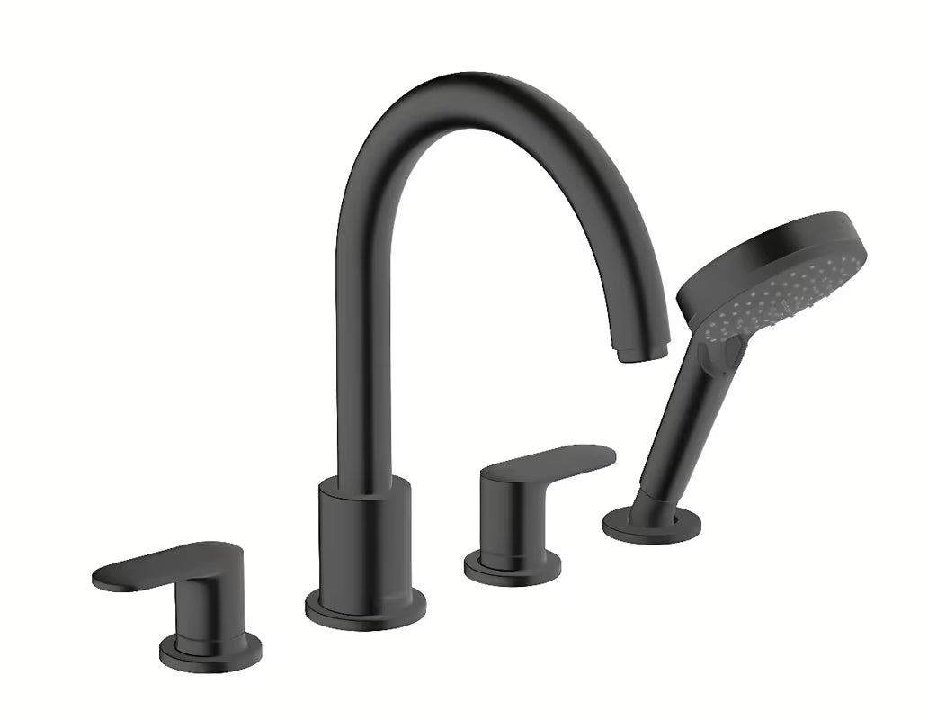 Hansgrohe Vernis Blend kohoutková vanová baterie na okraj vany se sprchou v matné černé barvě.