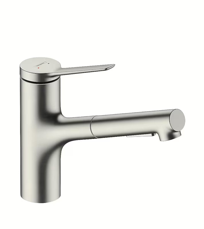 Dřezová baterie Hansgrohe Zesis ve vzhledu nerezu s vytahovací sprškou a přepínáním dvou proudů.