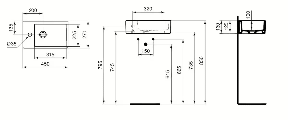Ideal Standard Strada keramické umývátko 45 x 27 cm v bílé barvě s otvorem pro baterii vlevo