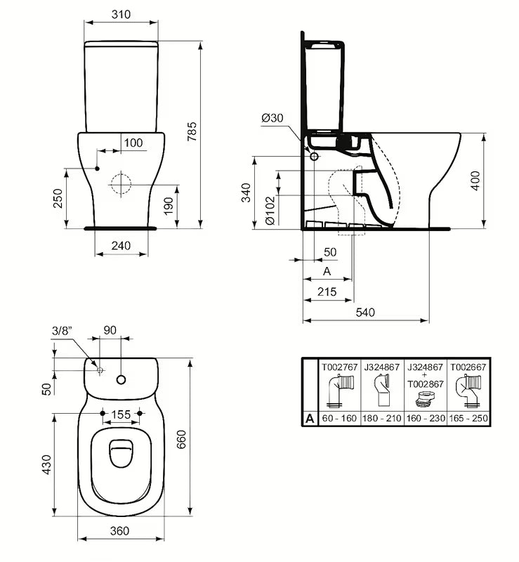 Ideal Standard Tesi WC kombi v bílé barvě bez nádržky a bez WC sedátka