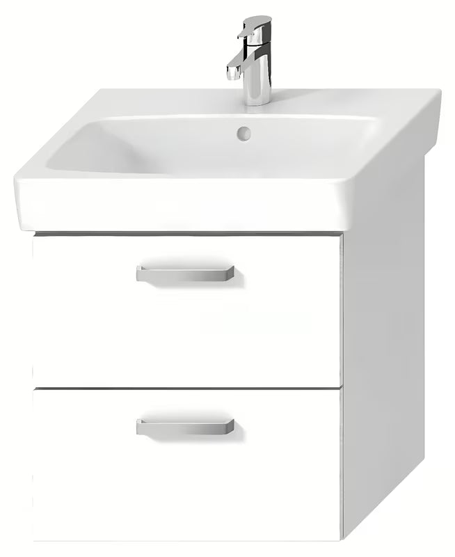Bílá závěsná skříňka pod umyvadlo Jika Lyra Plus Viva 54x41,6x55 cm s úchytkami z broušeného niklu.
