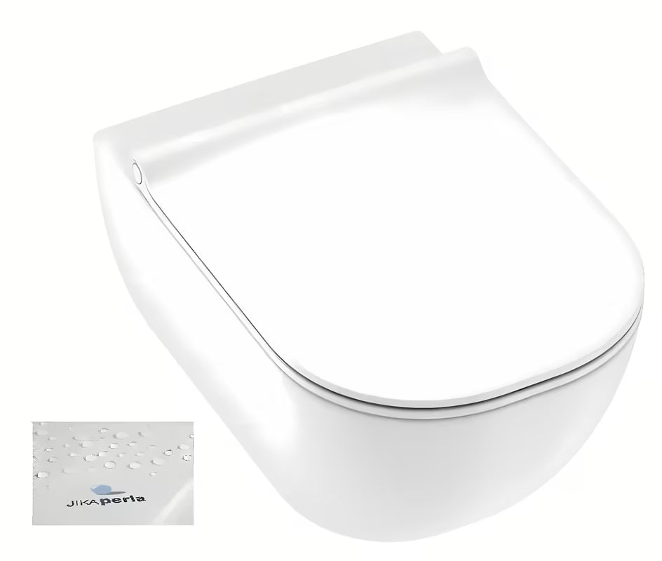 Bílé závěsné WC Jika Mio-N s technologií Rimless, skrytým upevněním a povrchovou úpravou Jika Perla.