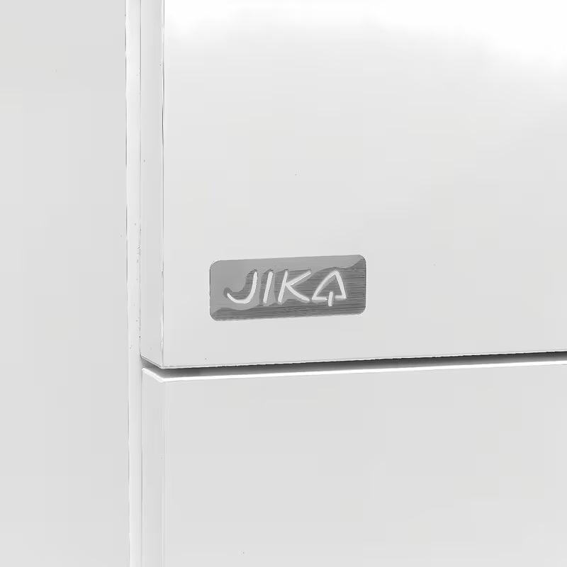 Bílá závěsná koupelnová skříňka Jika Plan s keramickým dvojumyvadlem a zásuvkami s plnovýsuvem.