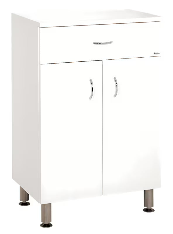 Bílá lesklá koupelnová skříňka Keramia Pro se zásuvkou, dvěma dvířky a nerezovými nožičkami.