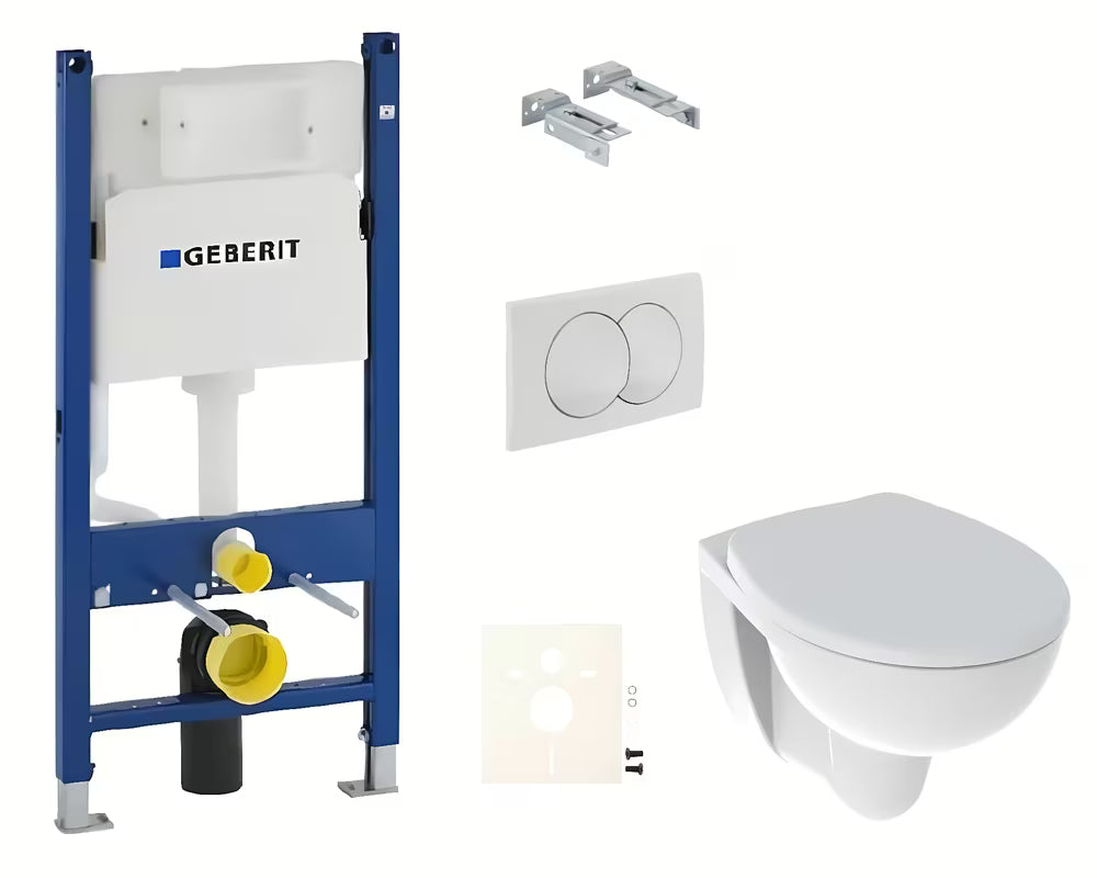 Závěsný WC set Kolo Rekord s podomítkovým modulem Geberit, tlačítkem Delta a sedátkem SoftClose v bílé barvě.