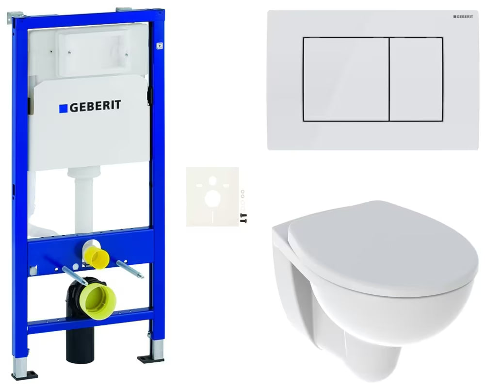 Závěsný WC set Kolo Rekord s modulem Geberit Duofix, bezokrajovou mísou a ovládacím tlačítkem v bílé barvě.