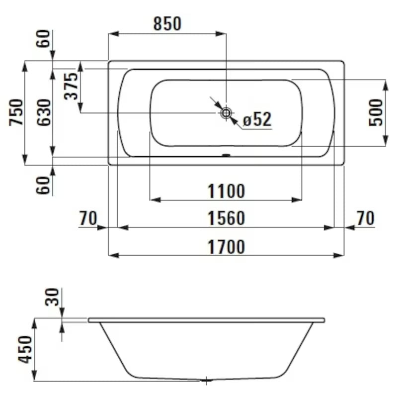 Obdélníková vana Laufen Bolsena 170x75 cm ze smaltované oceli s protihlukovou izolací