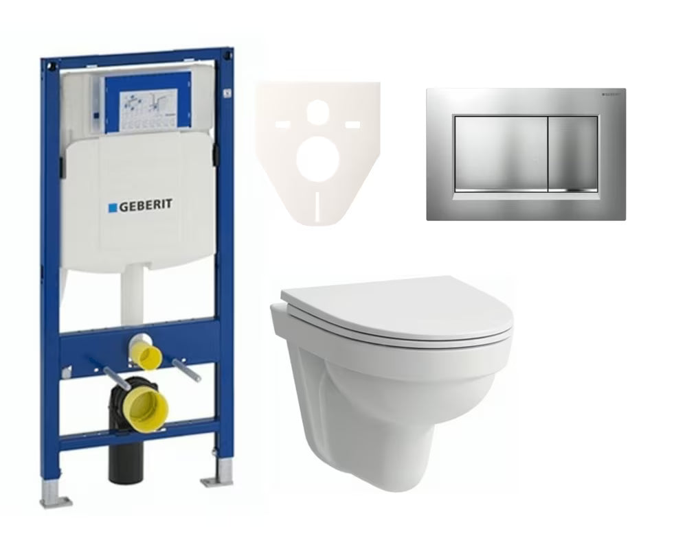 Závěsný WC set Laufen Pro Nordic s modulem Geberit Duofix, ovládacím tlačítkem v matném chromu a sedátkem SoftClose.