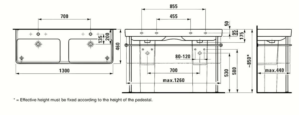 Bílé keramické dvojumyvadlo Laufen Pro S 130x46 cm pro zabudování do koupelnového nábytku
