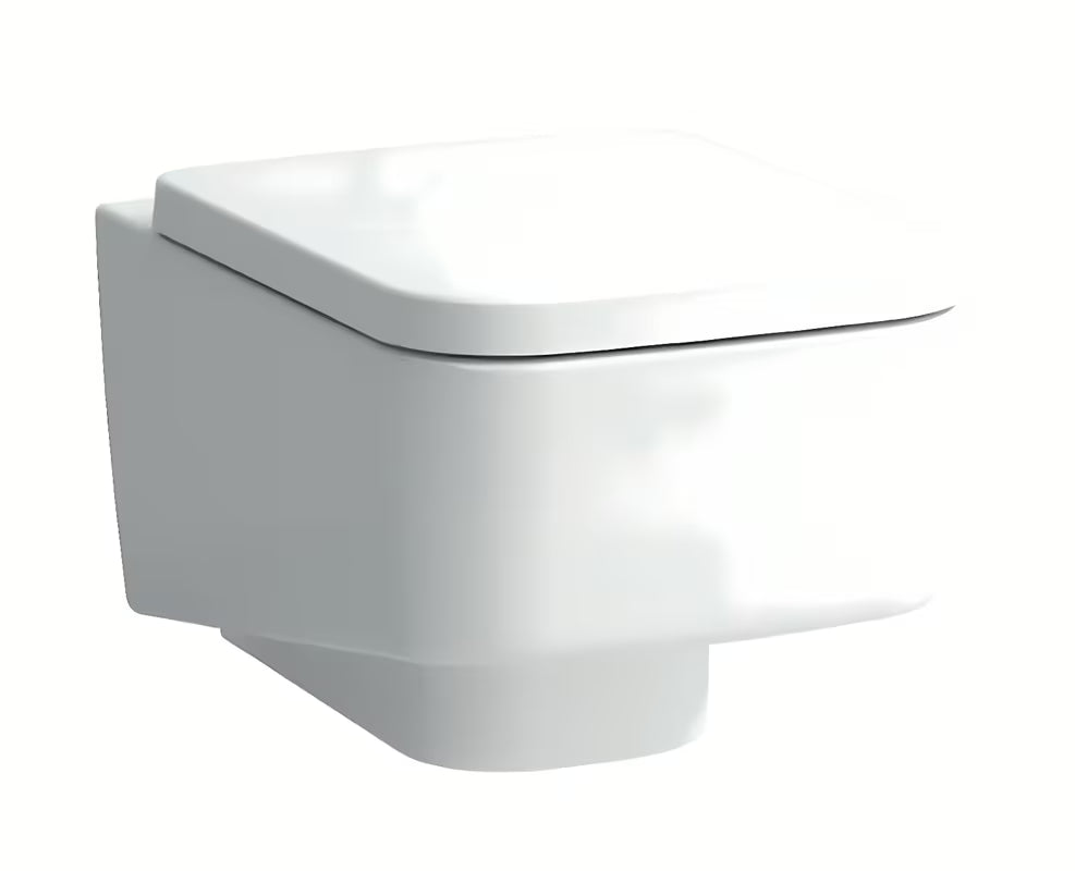 Bílé závěsné WC Laufen Pro S s bezokrajovým provedením bez splachovacího okruhu a hranatým designem.