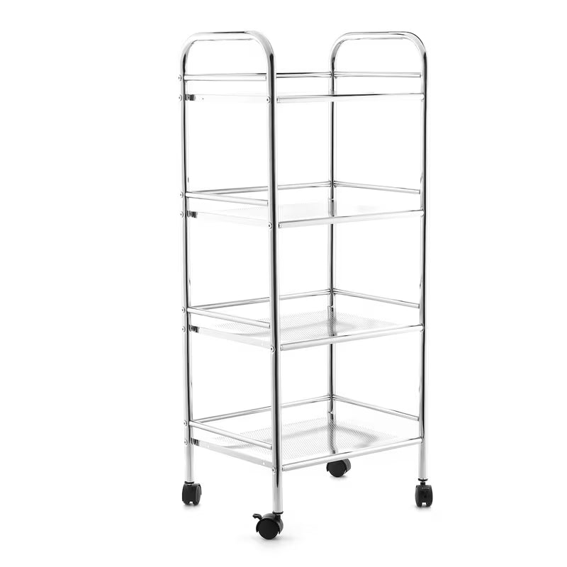 Elegantní pojízdný koupelnový vozík na kolečkách se čtyřmi poličkami v provedení Chrome.