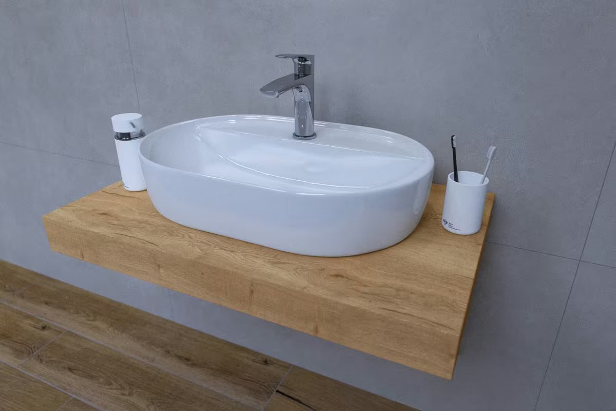 Koupelnová sestava Naturel Dolce 80x50 cm v dekoru dub halifax s umyvadlem na desku a baterií