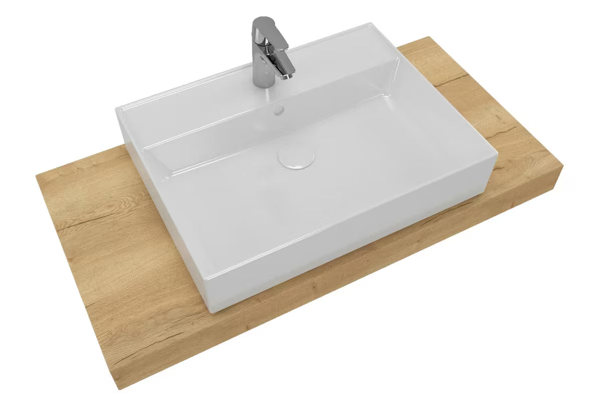 Koupelnová sestava Naturel Dolce 100x50 cm v dekoru dub halifax s umyvadlem na desku a chromovou baterií.