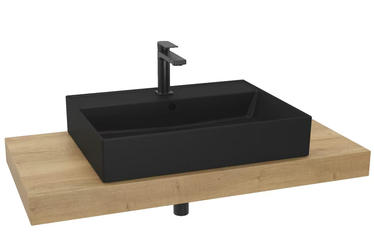Koupelnová sestava Naturel Dolce s deskou v dekoru dub halifax a černými matnými doplňky
