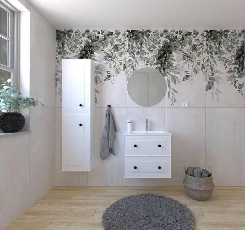 Bílá koupelnová sestava Naturel Forli s umyvadlem, skříňkami a kulatým LED zrcadlem