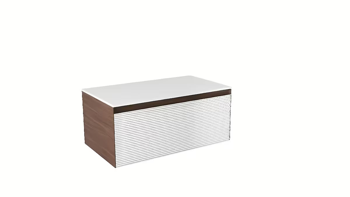 Závěsná koupelnová skříňka Naturel Monza v dekoru ořech s bílým žebrováním a krycí deskou SolidSurface.
