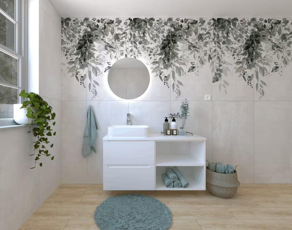 Bílá koupelnová sestava Naturel Stilla v lesku s umyvadlem na desku a zrcadlem s LED osvětlením