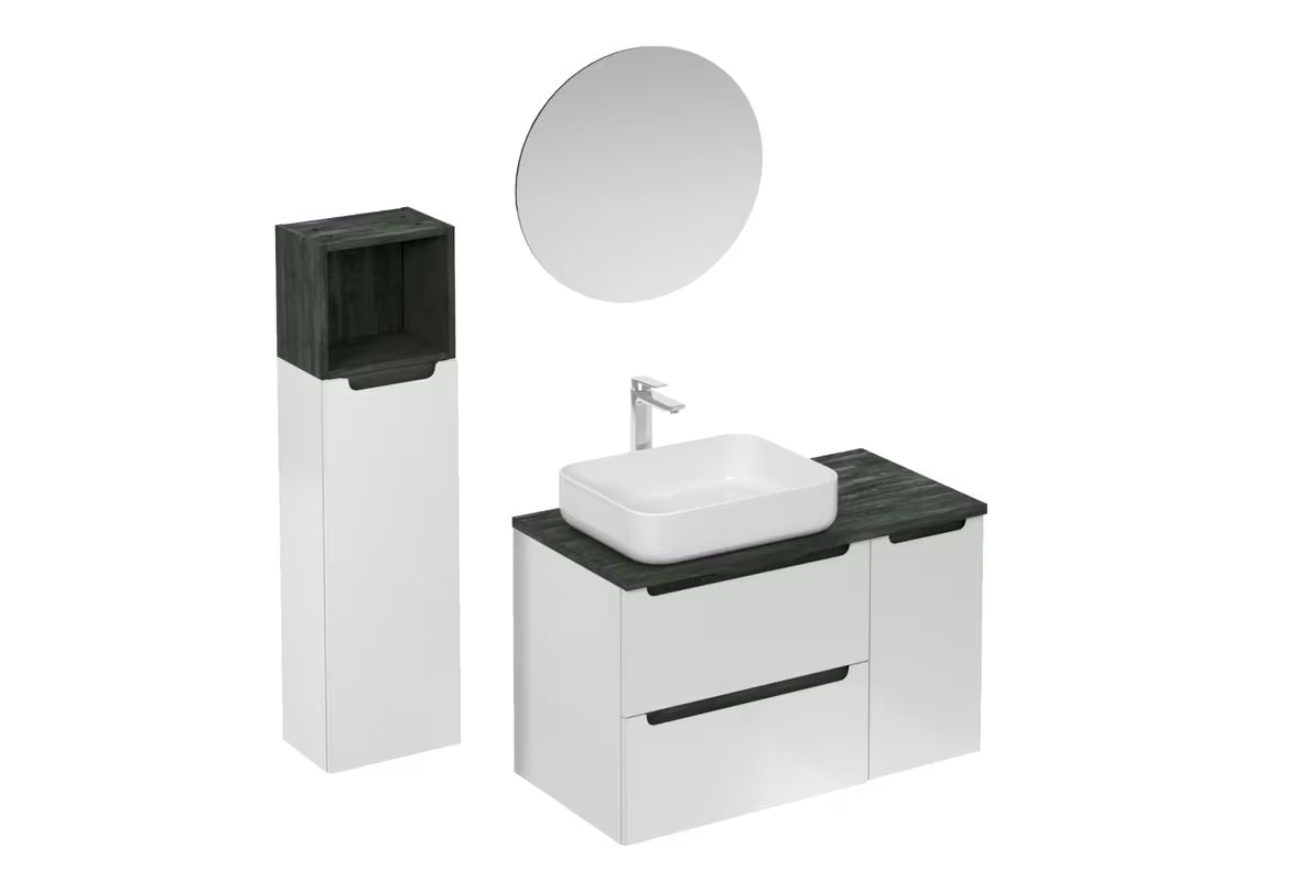Koupelnová sestava Naturel Stilla v bílém lesku s umyvadlem na desku a prvky v dekoru černý beton.