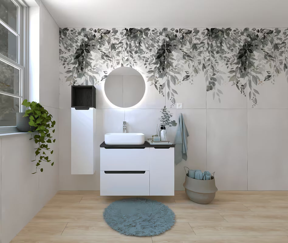 Koupelnová sestava Naturel Stilla v bílém lesku s umyvadlem na desku a prvky v dekoru černý beton.