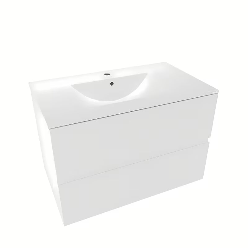 Bílá závěsná koupelnová skříňka Naturel Verona s keramickým umyvadlem a bezúchytkovými zásuvkami.