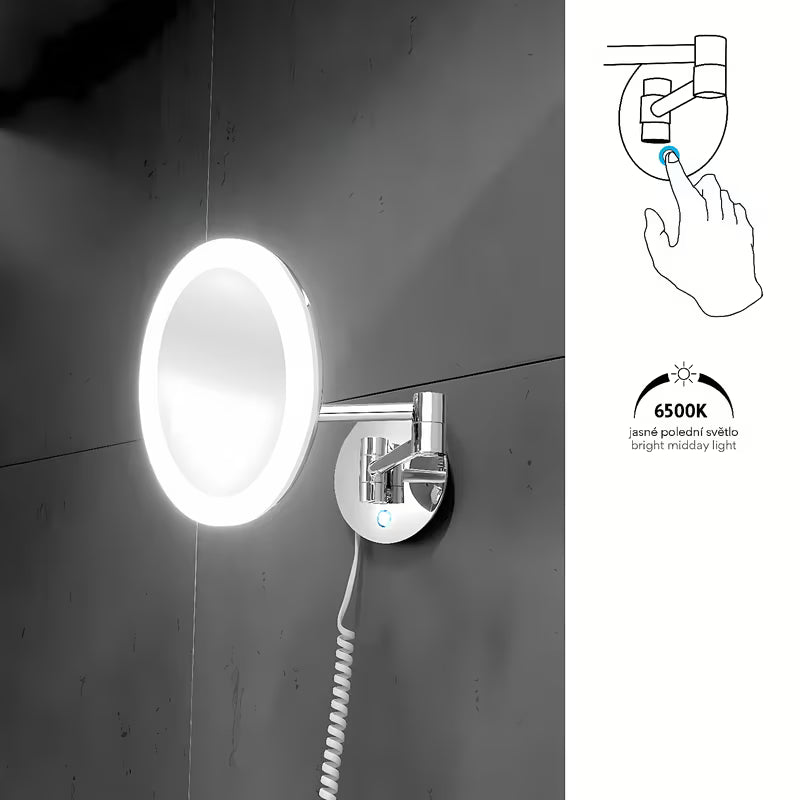 LED kosmetické zrcátko Nimco v chromovém provedení s 5× zvětšením a dotykovým podsvíceným spínačem.