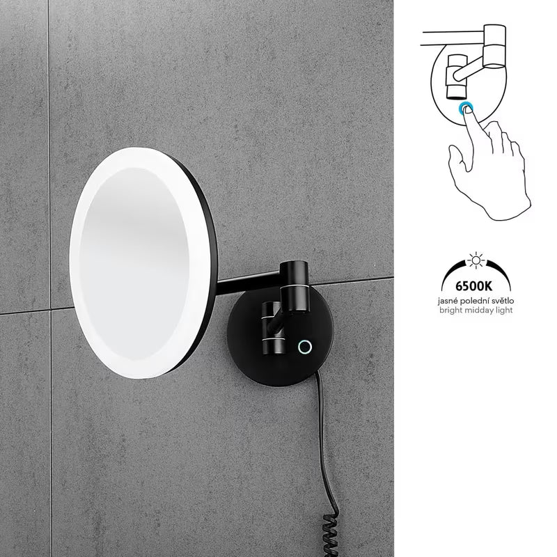 Černé LED kosmetické zrcátko Nimco s 5x zvětšením a dotykovým podsvíceným spínačem