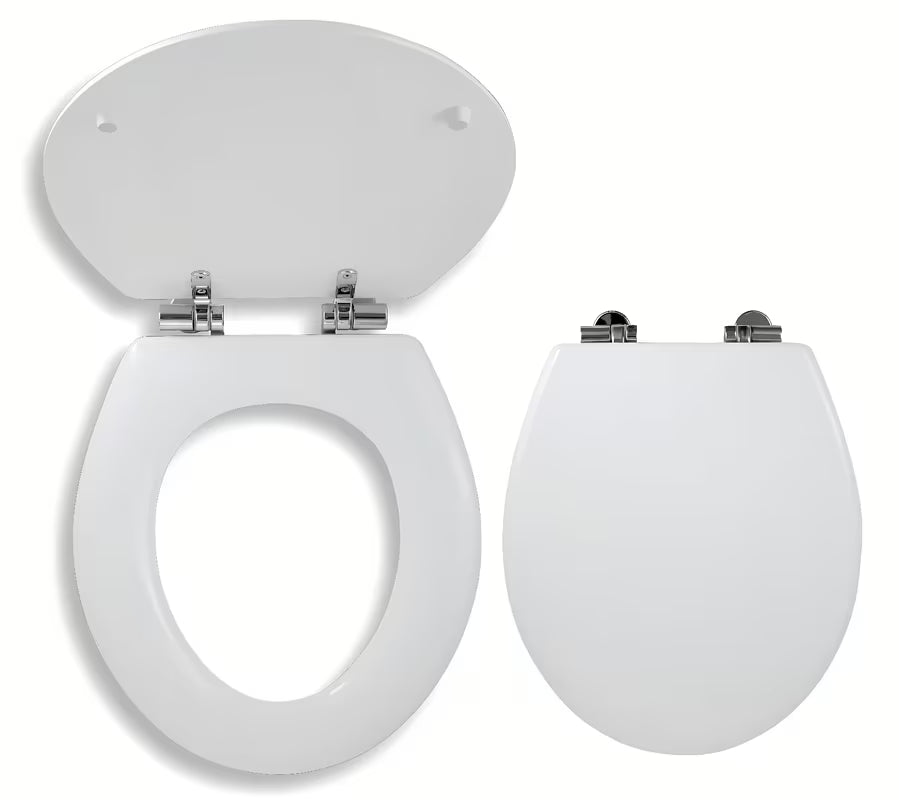 Bílé dřevěné WC sedátko Novaservis Lyra se SoftClose a panty z chromované mosazi