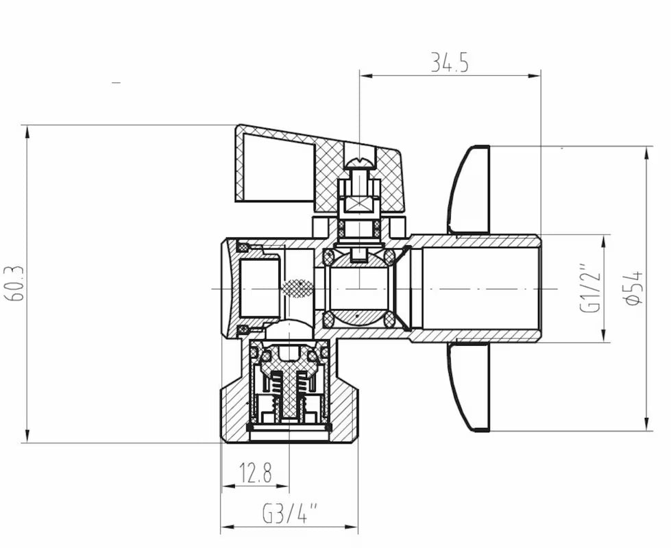 Celokovový rohový ventil Optima 1/2x3/4 s plastovou klapkou a integrovaným filtrem