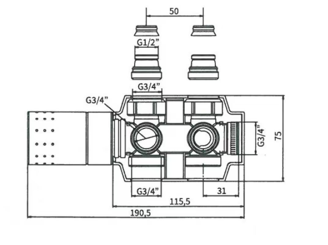 Bílý univerzální termostatický ventil pro radiátor se středovým připojením a roztečí 50 mm.