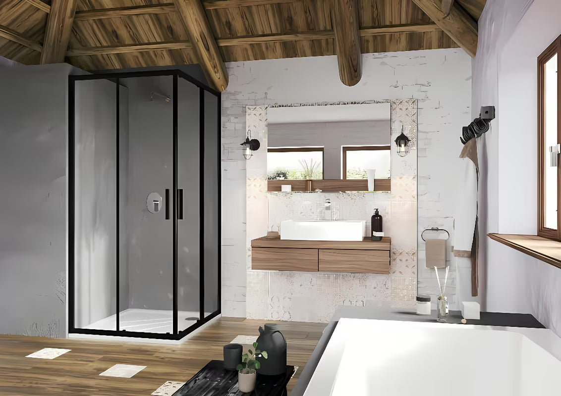 Čtvercový rohový sprchový kout Ravak Blix Slim 90x90 cm v černé barvě s čirým sklem a posuvnými dveřmi.