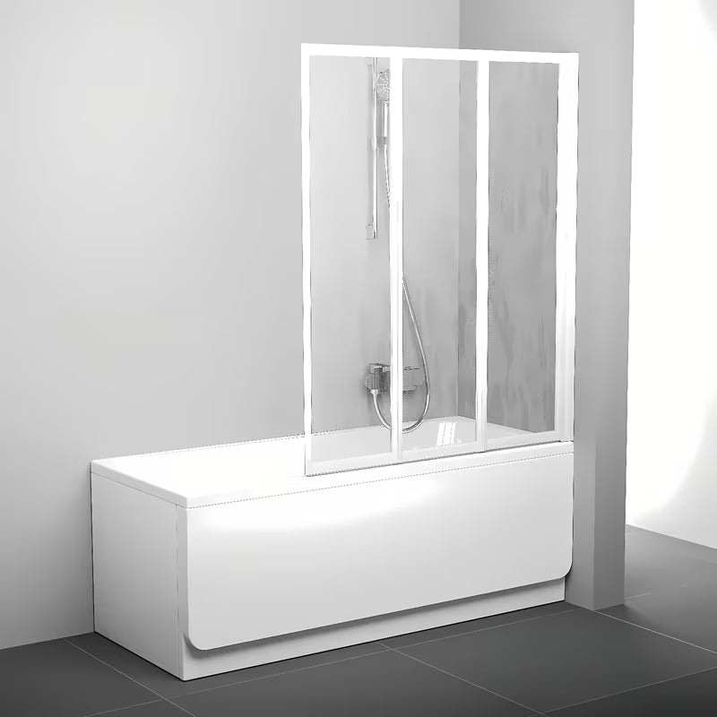 Bílá třídílná skládací vanová zástěna Ravak Supernova s neprůhlednou výplní Rain, výška 140 cm.