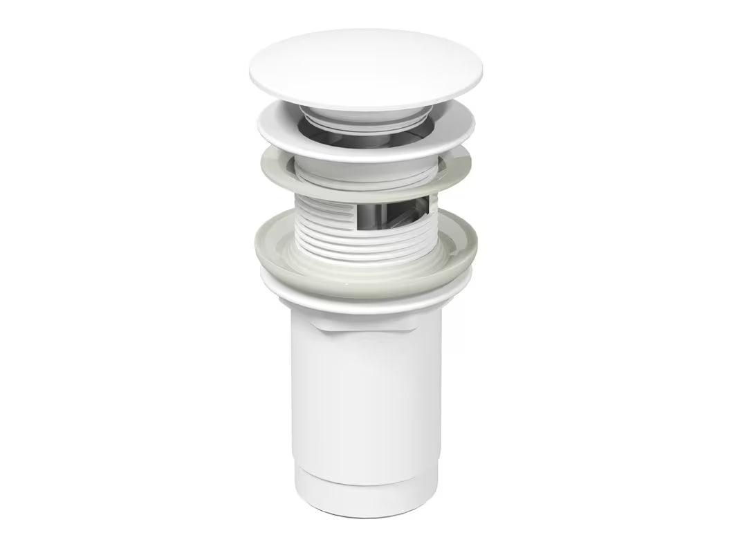 Bílá matná umyvadlová výpust Ravak Click-Clack pro umyvadlo s přepadem, průměr horní části 62 mm.