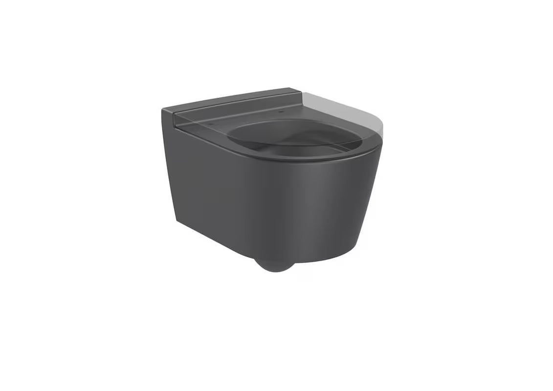 Závěsné WC Roca Inspira v matné barvě onyx s bezokrajovým provedením Rimless a skrytým uchycením.