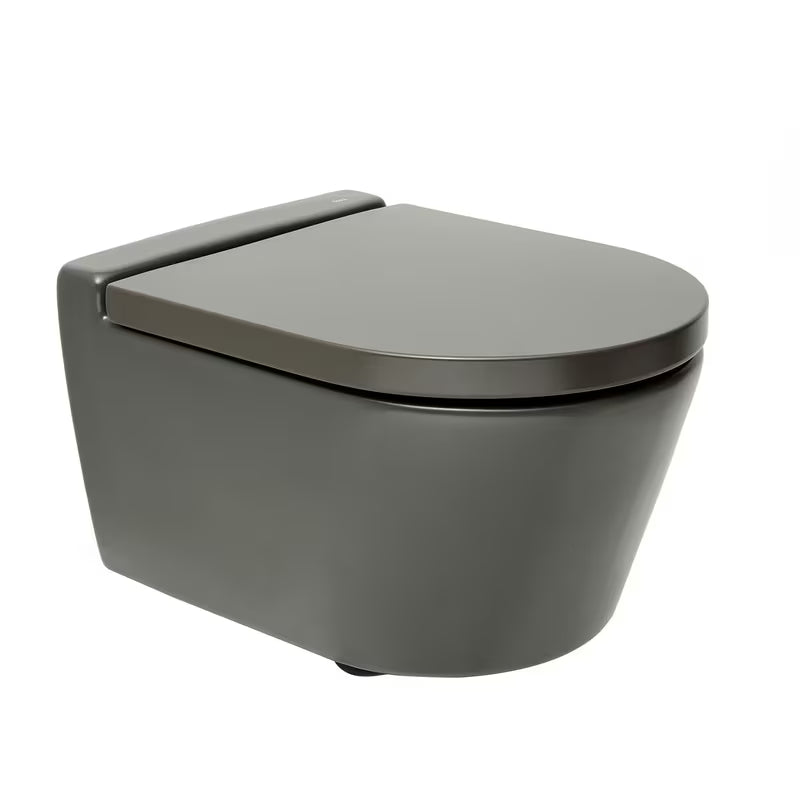 Závěsné WC Roca Inspira v matné barvě onyx s bezokrajovým provedením Rimless a skrytým uchycením.